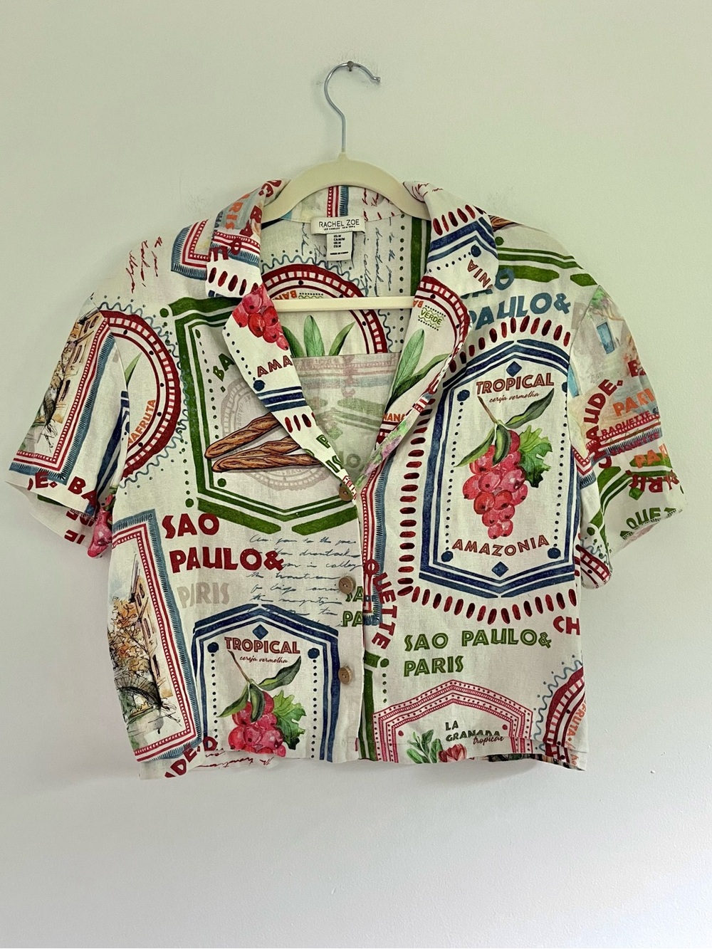 Rachel Zoe Linen Travel Vacation Mixed Print Cropped Button Down Blouse Top M